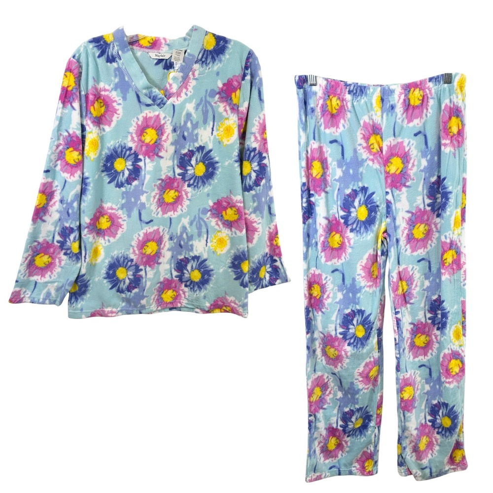 Mayfair Medium Pajama Set Floral Fleece Blue Pink Watercolor‎ Vivid NWT Gift 515